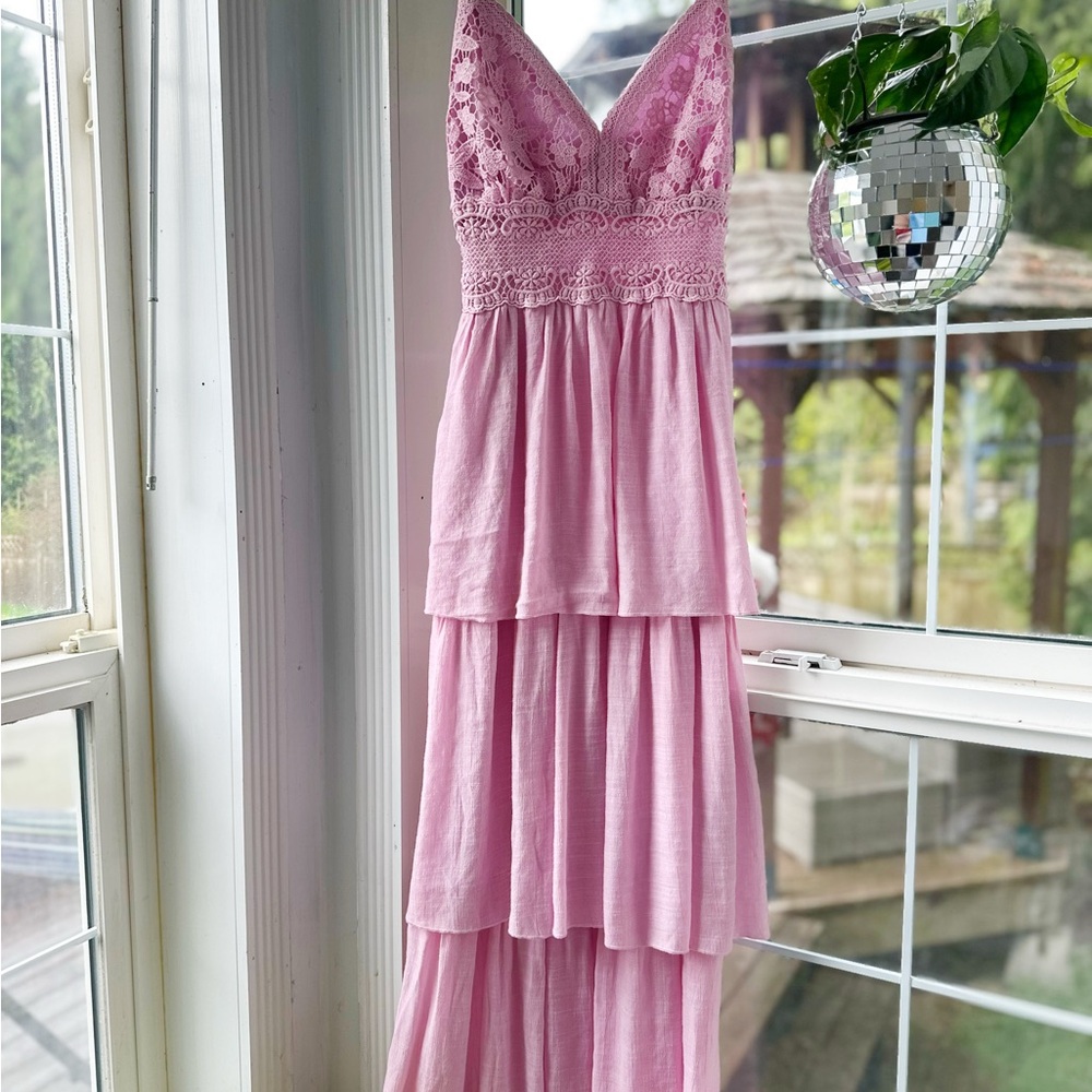 Tiered Pink Lace V-Neck Maxi Dress
